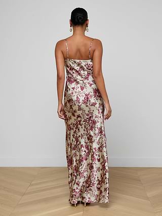 white silk dress dyed with tiger butterflies and waves detail L'AGENCE Sayla Silk Gown In Ecru Multi Lock Butterfly