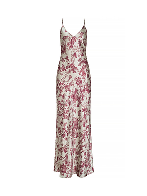 The Serita Silk Gown is a sleeveless, long slip dress with thin straps, showcasing a cream base adorned with an all-over pink floral butterfly print.