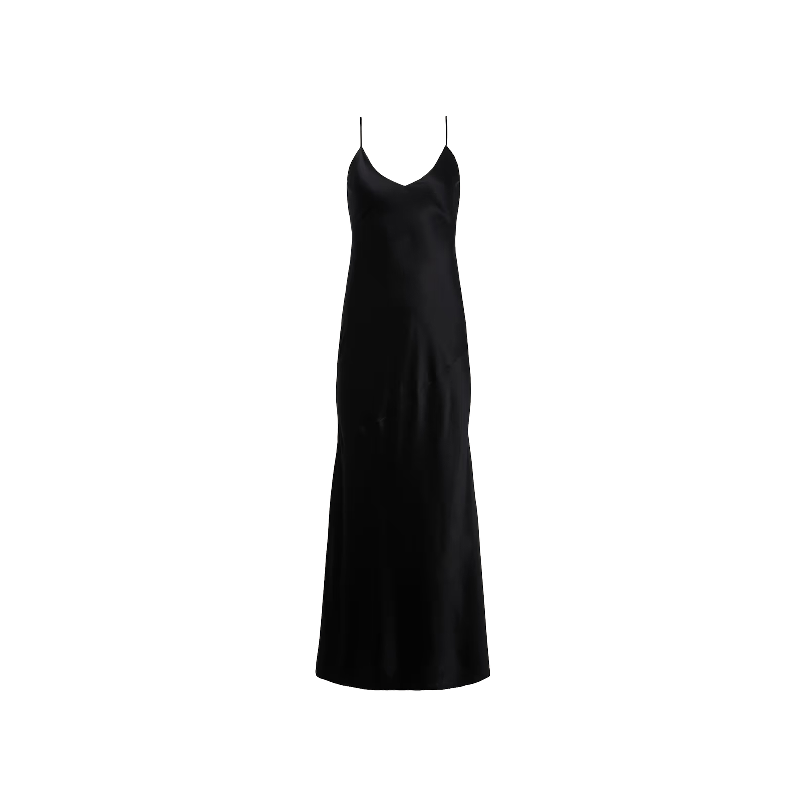 The Serita Silk Gown is a black silk charmeuse dress featuring thin spaghetti straps, a V-neckline, and a mid-length hem, showcased against a plain white background.