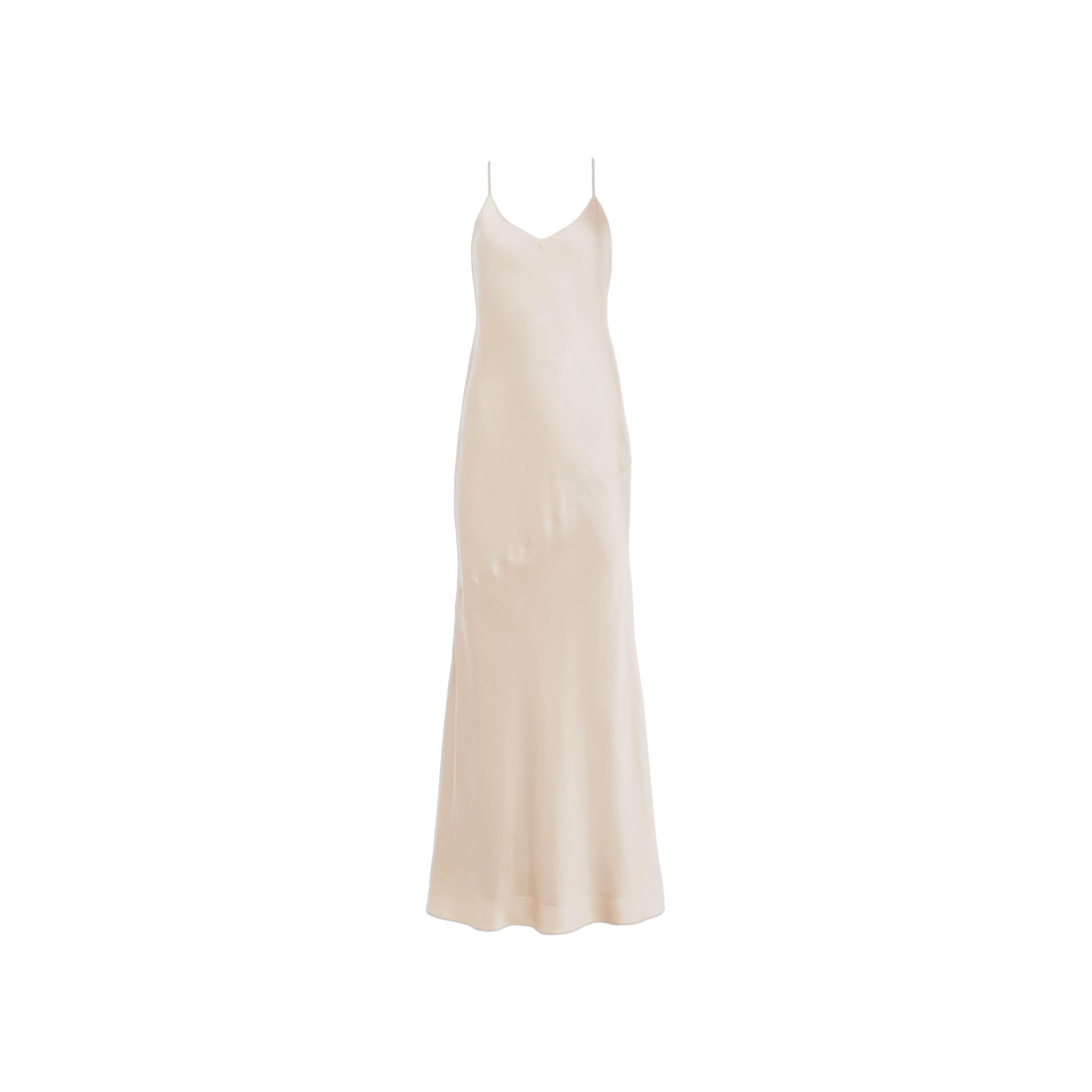 The Serita Silk Gown is a sleeveless, ankle-length slip dress crafted from luxurious champagne silk charmeuse, featuring delicate spaghetti straps and shown against a white background.