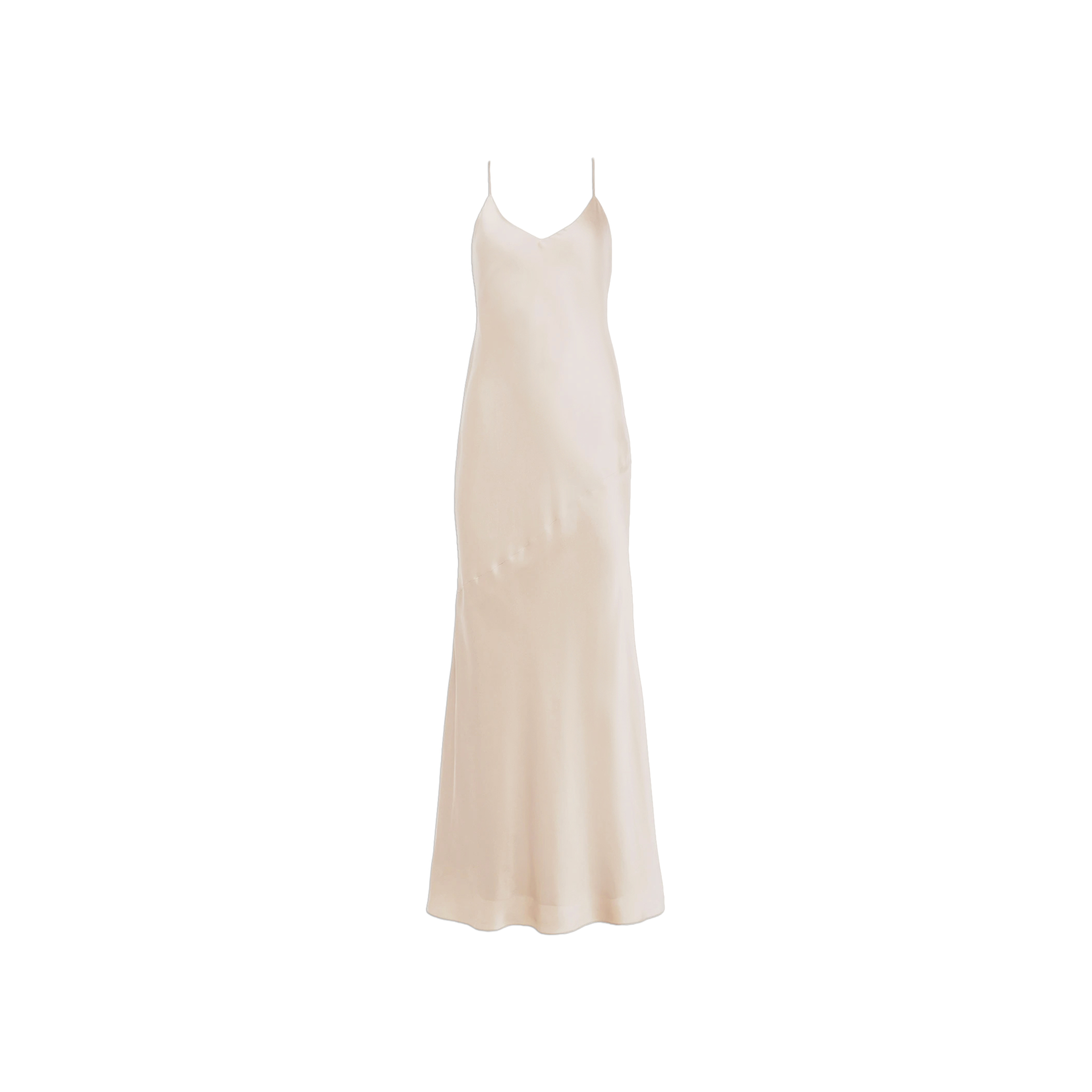 The Serita Silk Gown is a sleeveless, ankle-length slip dress crafted from luxurious champagne silk charmeuse, featuring delicate spaghetti straps and shown against a white background.