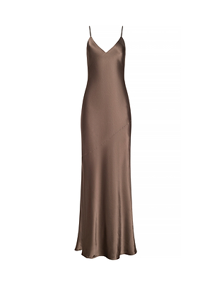 The Serita Silk Gown is a sleeveless, full-length brown slip dress with thin straps and a subtle v-neckline, shown on a white background—an elegant choice for wedding guests.
