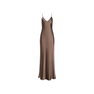 The Serita Silk Gown is a brown satin dress with spaghetti straps and a slight flare at the hem, shown against a plain white background—ideal as a chic silk slip gown for wedding guests.