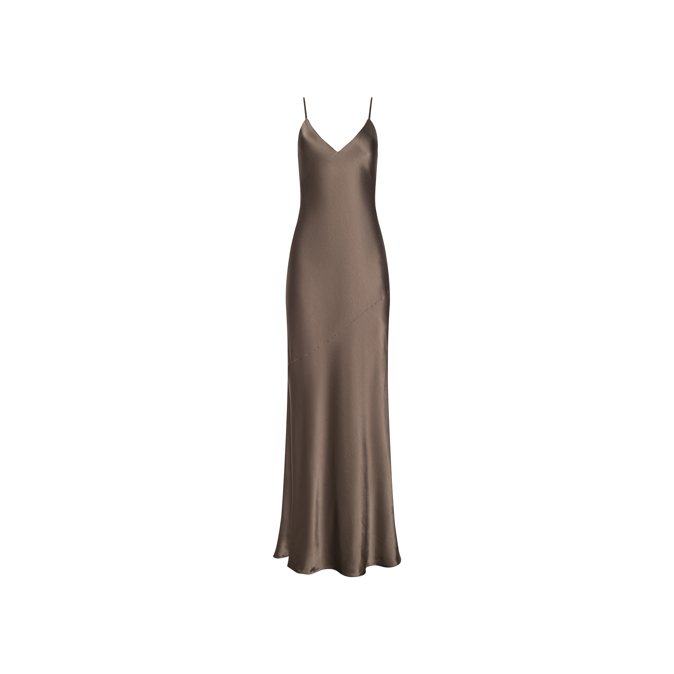 The Serita Silk Gown is a brown satin dress with spaghetti straps and a slight flare at the hem, shown against a plain white background—ideal as a chic silk slip gown for wedding guests.