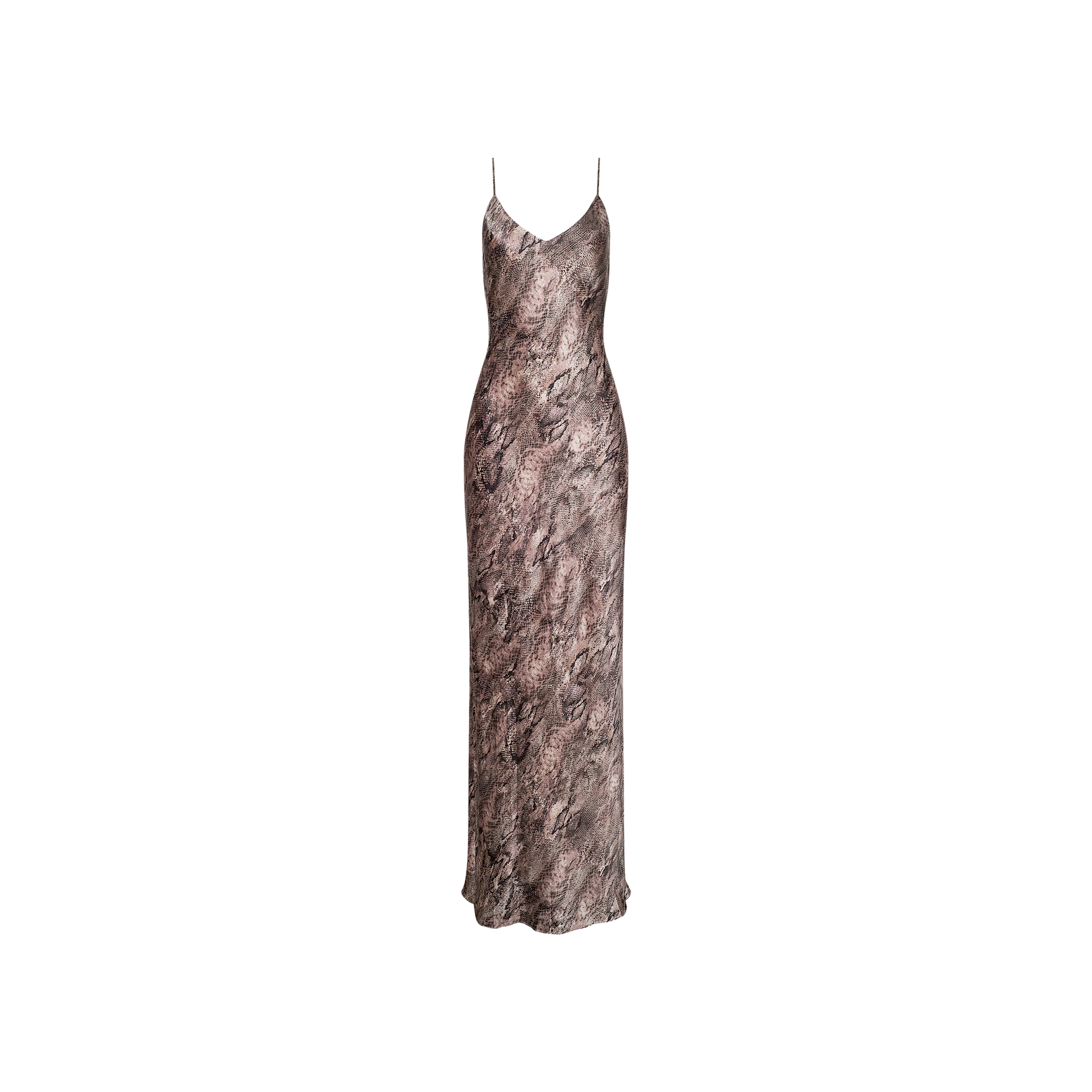 The Serita Silk Gown is a sleeveless, long slip dress featuring thin spaghetti straps and a sophisticated brown and gray marbled pattern, making it perfect as a wedding guest dress, shown against a plain white background.