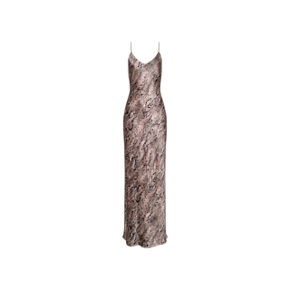 The Serita Silk Gown is a sleeveless, floor-length slip dress featuring delicate spaghetti straps and a marbled brown and gray pattern, shown against a plain white background.