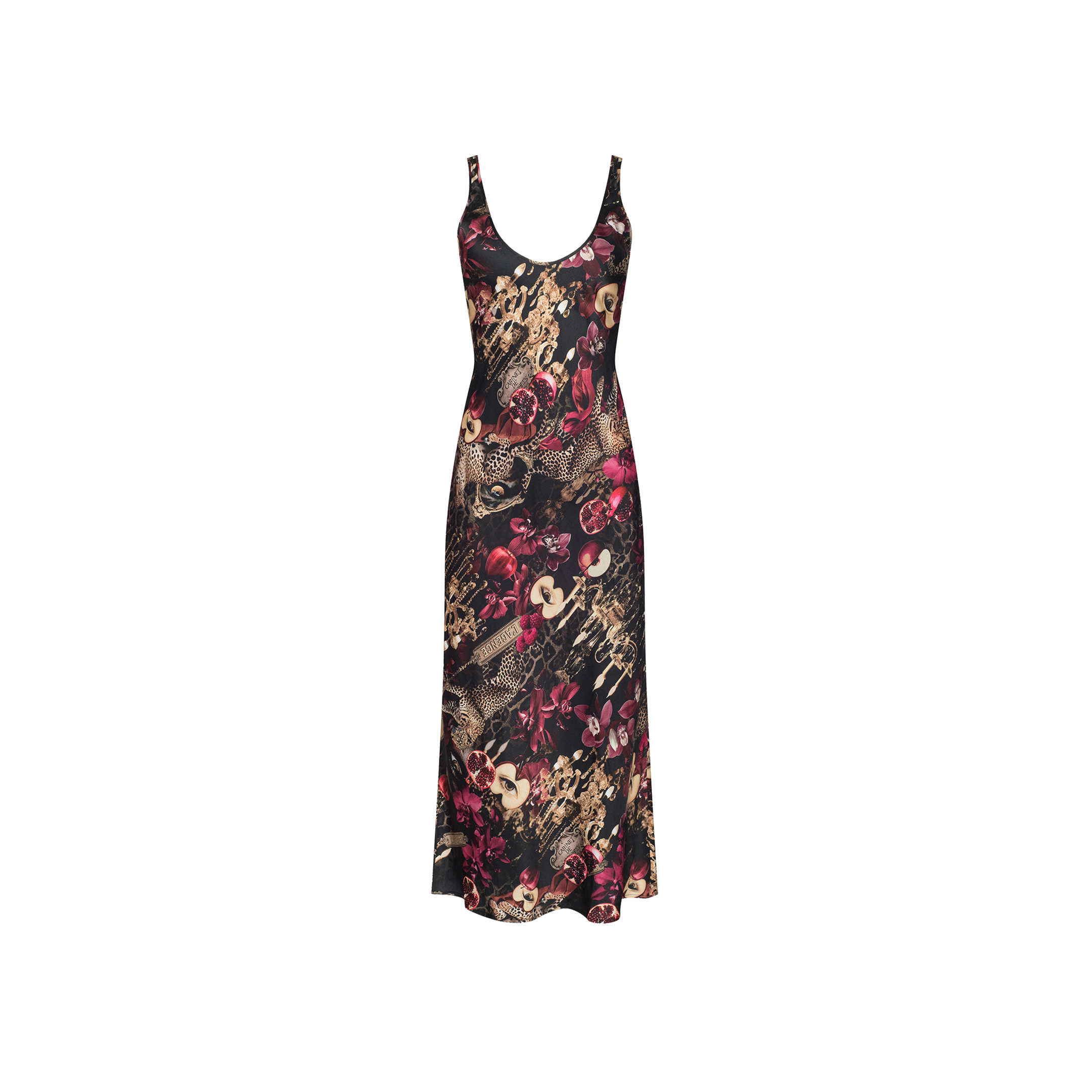 Akiya Satin Maxi Dress: Sleeveless, ankle-length tank dress with a scoop neckline, showcased in bold floral and abstract collage prints in vibrant red, beige, and black hues on a plain white background.