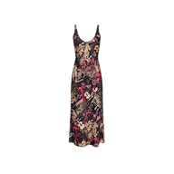 Akiya Satin Maxi Dress: Sleeveless, ankle-length tank dress with a scoop neckline, showcased in bold floral and abstract collage prints in vibrant red, beige, and black hues on a plain white background.