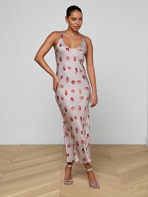 red dress and silver heels L'AGENCE Akiya Satin Maxi Dress In Taupe/Dark Red Faded red dress and silver heels L'AGENCE Akiya Satin Maxi Dress In Taupe/Dark Red Faded