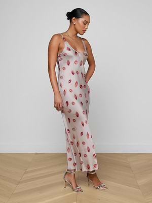 L'agence Akiya Satin Maxi Dress in Taupe/Dark Red Faded Kiss L'agence Akiya Satin Maxi Dress in Taupe/Dark Red Faded Kiss