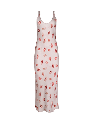 The Akiya Satin Maxi Dress is a sleeveless, light pink evening dress with a scoop neckline and features an all-over print of red lipstick kiss marks.
