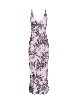 The Akiya Satin Maxi Dress is a sleeveless, ankle-length gown with a scoop neckline, fitted silhouette, and pink base adorned with multicolored butterfly and floral prints—an evening essential.
