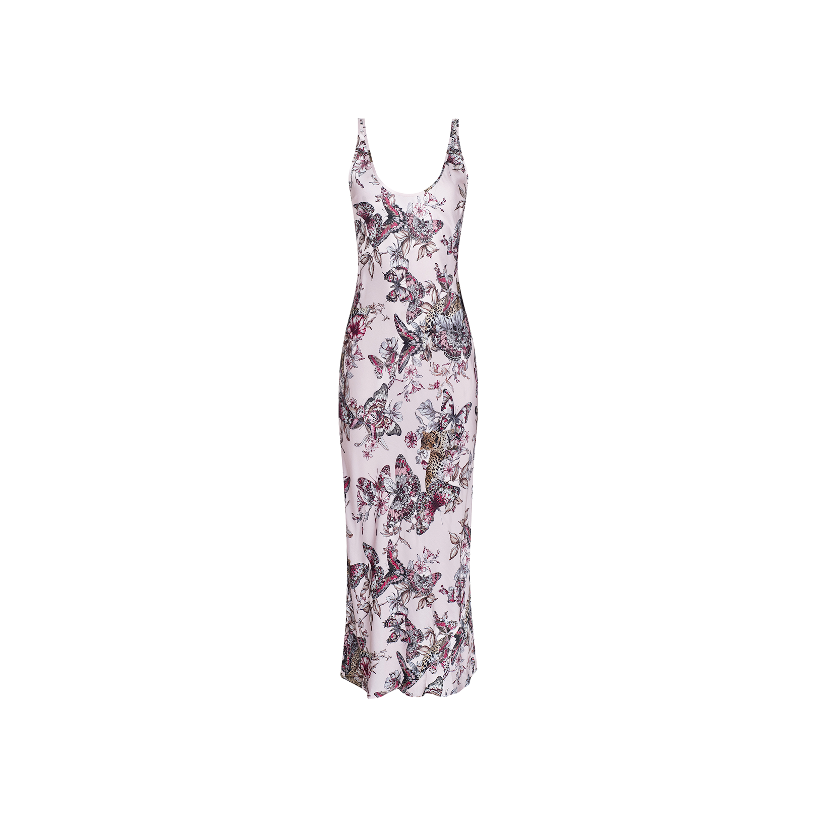 Introducing the Akiya Satin Maxi Dress: a sleeveless, ankle-length evening dress crafted from lightweight, bias-cut satin. Showcasing a fitted silhouette, this elegant piece features a scoop neckline and a pink base adorned with an intricate butterfly jungle print accented by delicate florals.