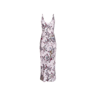 The Akiya Satin Maxi Dress is a sleeveless, form-fitting light pink evening gown featuring a deep neckline and an all-over vibrant butterfly jungle print, showcased against a plain white background.