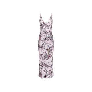 Introducing the Akiya Satin Maxi Dress: a sleeveless, ankle-length evening dress crafted from lightweight, bias-cut satin. Showcasing a fitted silhouette, this elegant piece features a scoop neckline and a pink base adorned with an intricate butterfly jungle print accented by delicate florals.