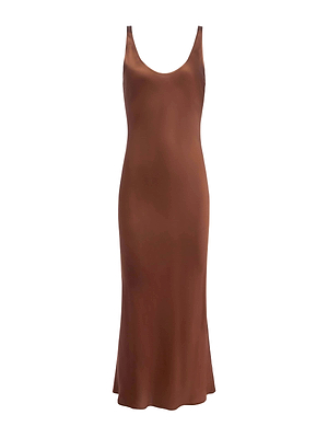 The Akiya Satin Maxi Dress is a sleeveless, floor-length piece in shiny brown bias-cut satin, with a scoop neckline and slightly flared hem—an elegant evening essential.