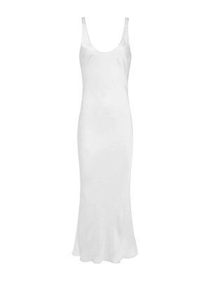 The Akiya Satin Maxi Dress is a sleeveless white, ankle-length slip dress with a scoop neckline and bias-cut satin, featuring a simple silhouette that subtly flares at the hem for easy day-to-night elegance.