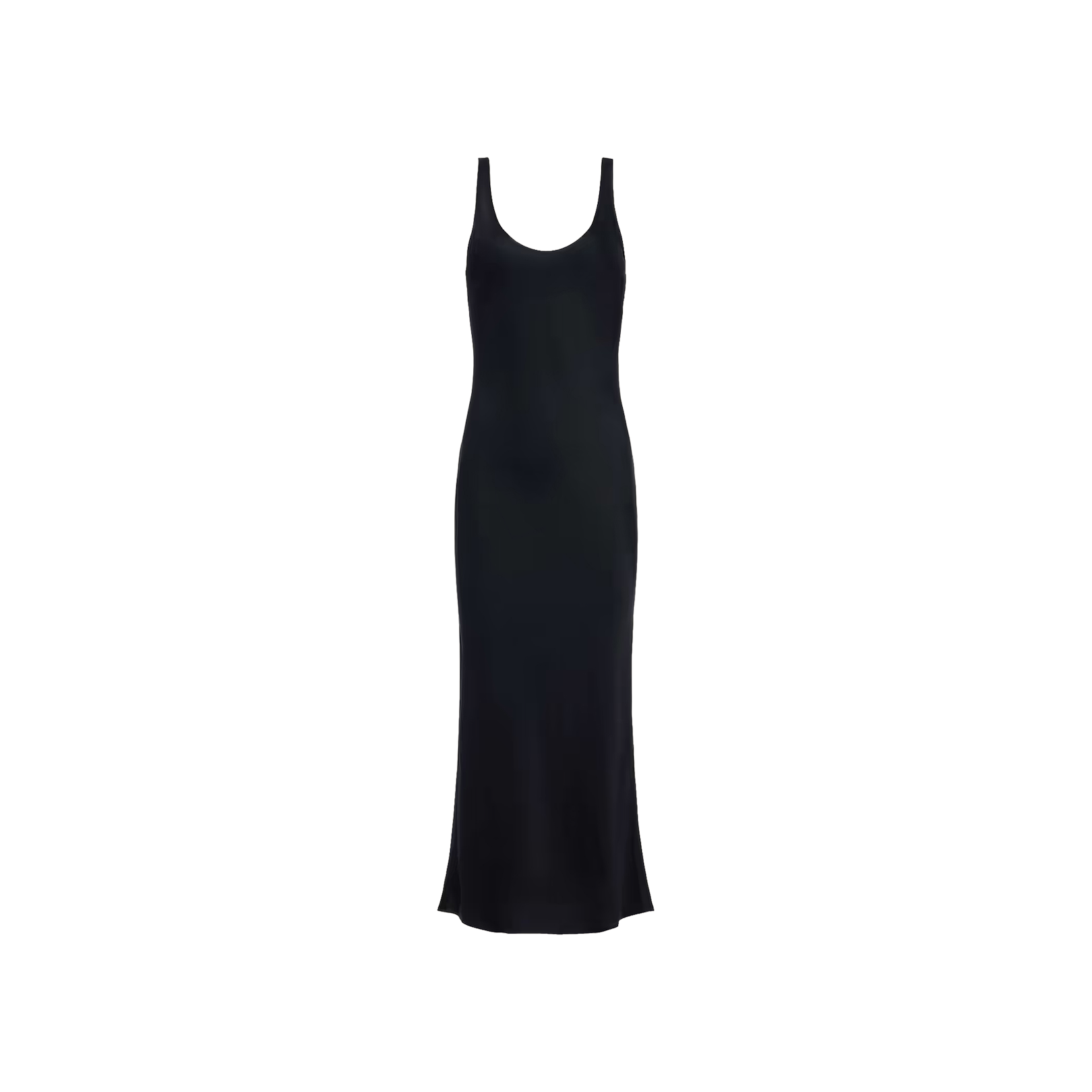 Akiya Satin Maxi Dress — a sleeveless, ankle-length black tank dress featuring a scoop neckline and crafted from bias-cut satin, shown against a plain white background.