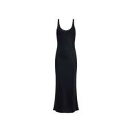 The Akiya Satin Maxi Dress is a sleeveless, ankle-length black dress featuring a scoop neckline, shown against a plain white background.