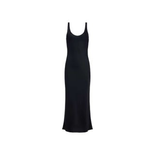 Akiya Satin Maxi Dress — a sleeveless, ankle-length black tank dress featuring a scoop neckline and crafted from bias-cut satin, shown against a plain white background.