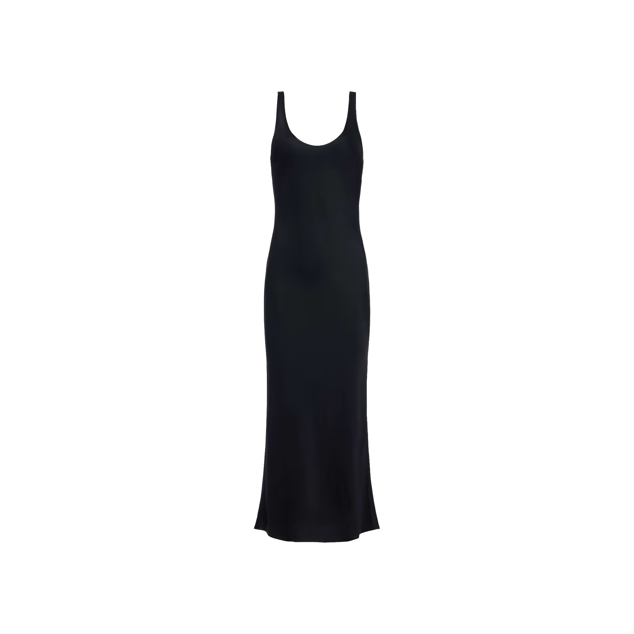 The Akiya Satin Maxi Dress is a sleeveless, ankle-length black dress featuring a scoop neckline, shown against a plain white background.