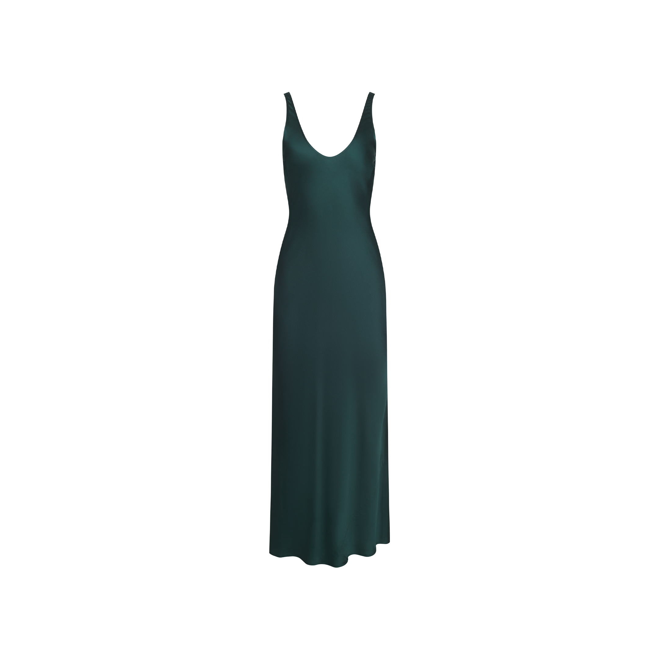 Akiya Satin Maxi Dress in forest green, a floor-length bias-cut slip dress featuring a deep scoop neckline and thin shoulder straps.