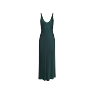 Akiya Satin Maxi Dress in forest green, a floor-length bias-cut slip dress featuring a deep scoop neckline and thin shoulder straps.