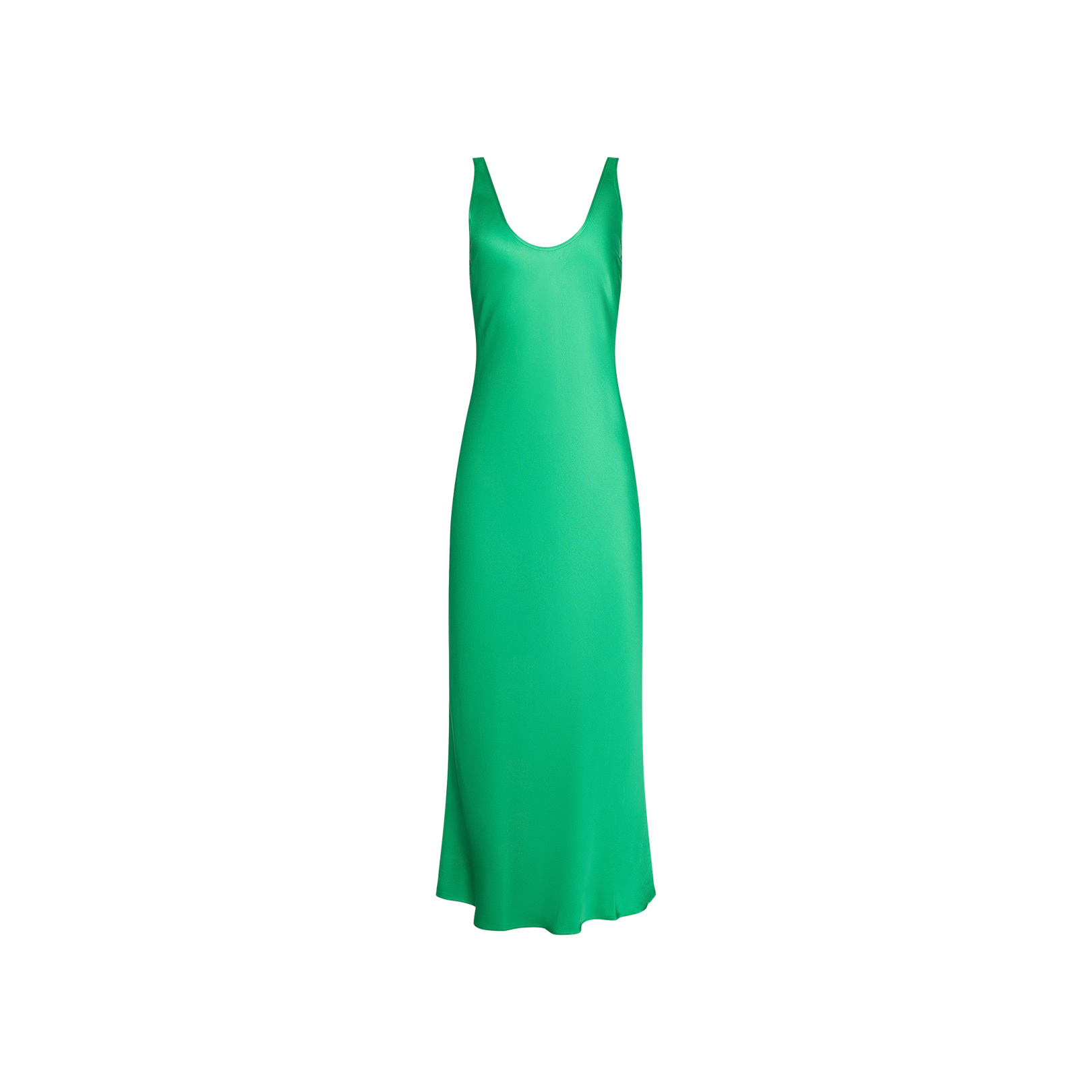 Island green Akiya Satin Maxi Dress featuring a sleeveless design and scoop neckline, crafted from smooth, bias-cut satin for a lustrous finish, displayed on a plain white background.