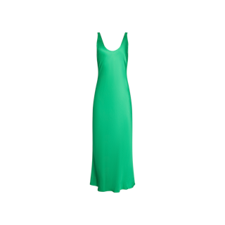 Island green Akiya Satin Maxi Dress featuring a sleeveless design and scoop neckline, crafted from smooth, bias-cut satin for a lustrous finish, displayed on a plain white background.
