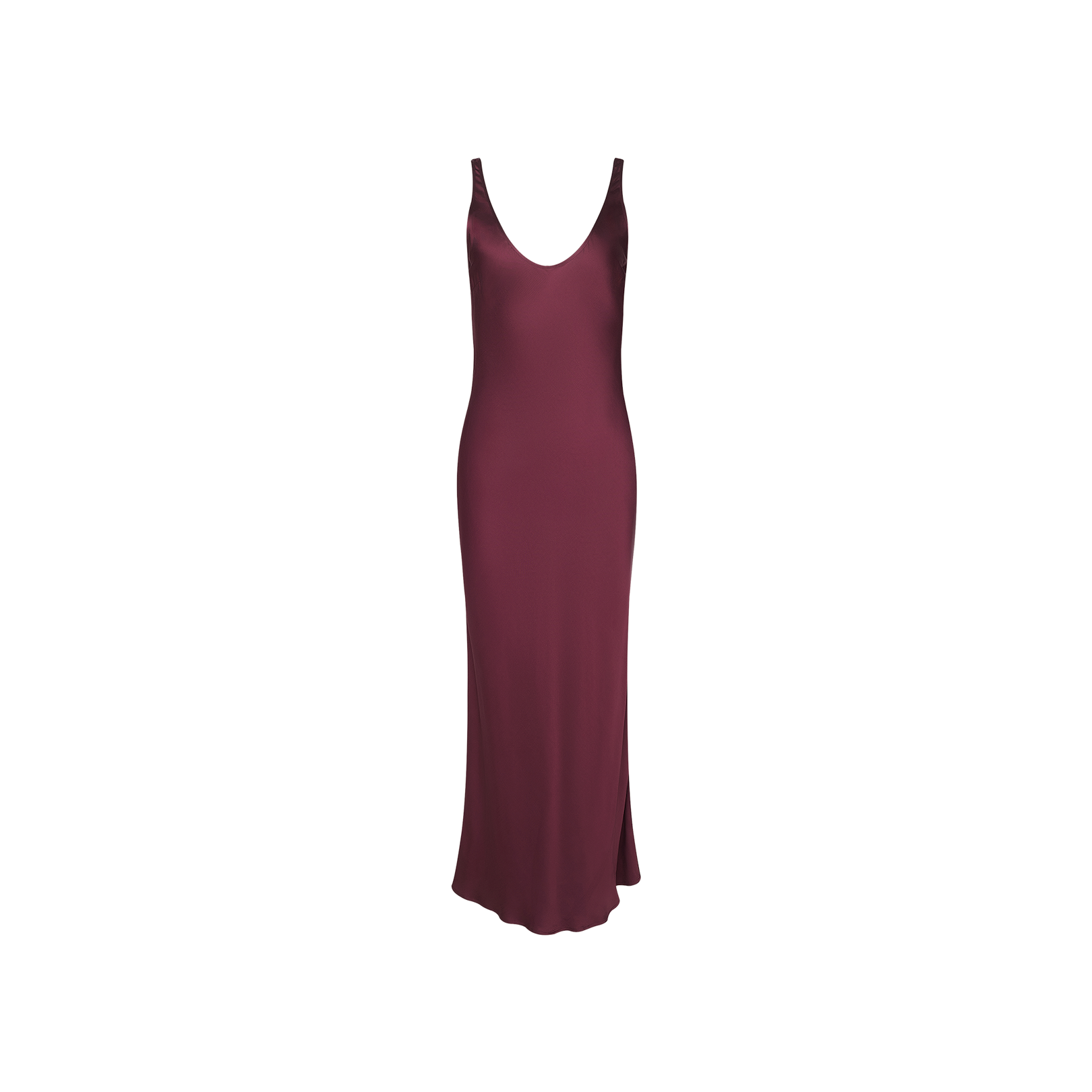 The Akiya Satin Maxi Dress is a sleeveless, floor-length gown in deep burgundy satin with a V-neckline, showcased against a plain white background.