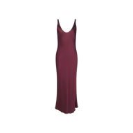 The Akiya Satin Maxi Dress is a sleeveless, floor-length gown in deep burgundy with a V-neckline, shown against a plain white background.