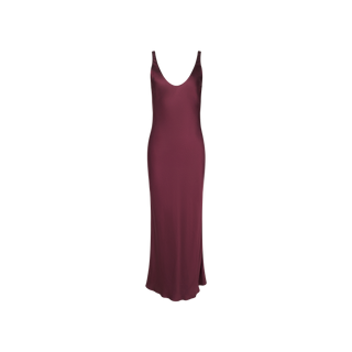 The Akiya Satin Maxi Dress is a sleeveless, floor-length gown in deep burgundy satin with a V-neckline, showcased against a plain white background.