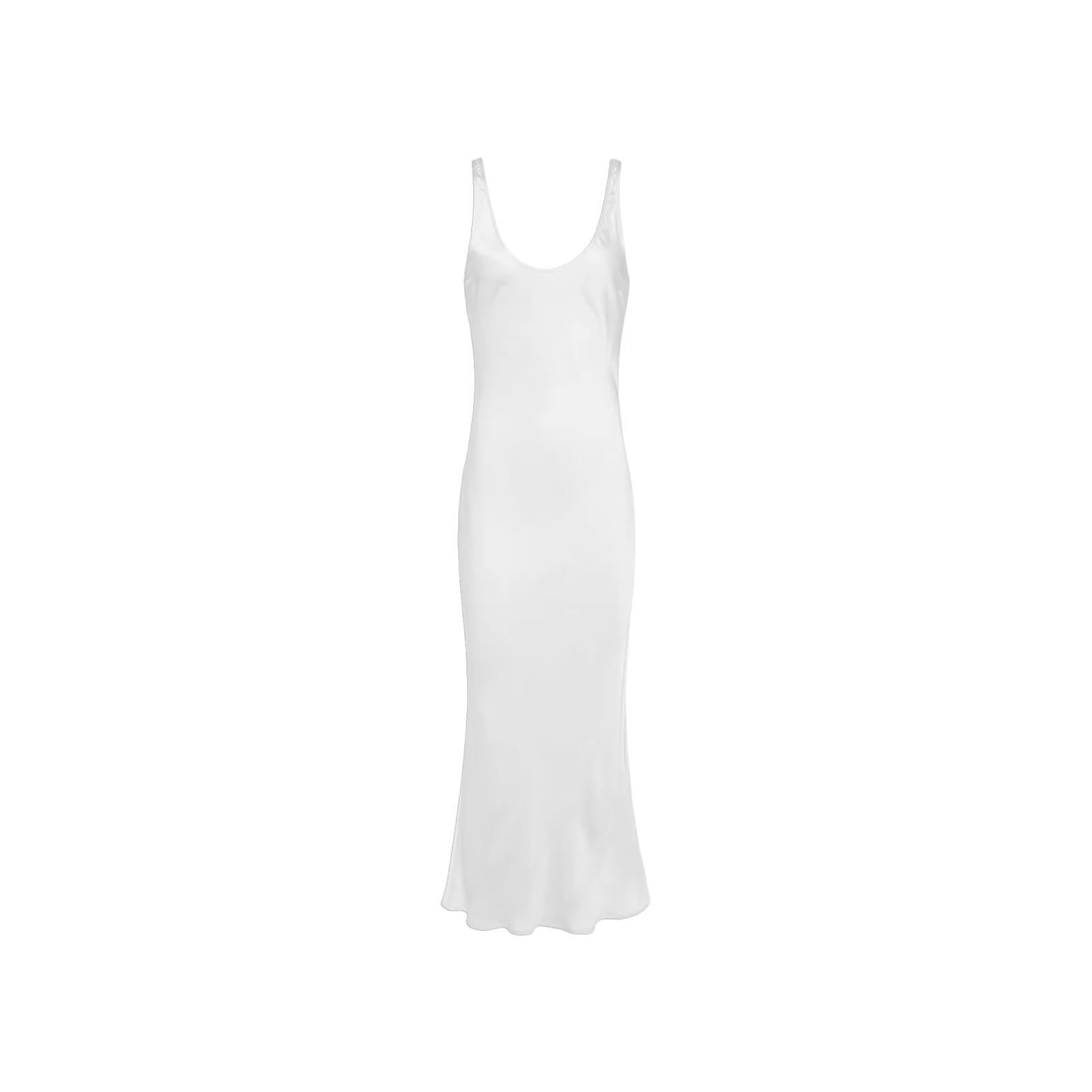 The Akiya Satin Maxi Dress is a sleeveless white bias-cut slip dress featuring a scoopneck and a slightly flared hem, displayed against a plain white background.