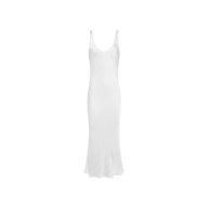The Akiya Satin Maxi Dress is a plain white sleeveless slip dress featuring a bias cut, a scoop neckline, and a long, slightly flared hem, displayed on a white background.
