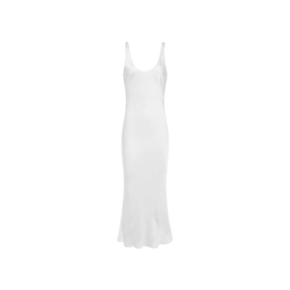 The Akiya Satin Maxi Dress is a sleeveless white bias-cut slip dress featuring a scoopneck and a slightly flared hem, displayed against a plain white background.