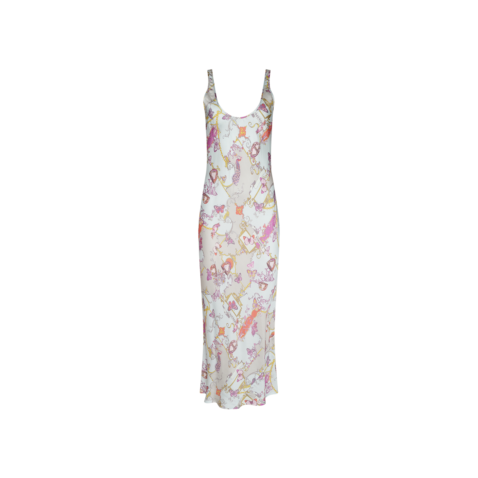 The Akiya Satin Maxi Dress is a sleeveless, scoop-neck style featuring a vibrant floral and chain pattern on a white background, crafted from luxurious bias-cut satin and presented against a plain white backdrop.