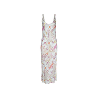Showcased against a plain white backdrop, the Akiya Satin Maxi Dress features a sleeveless, scoop-neck bias-cut silhouette adorned with pastel floral and abstract prints on a white background. Effortlessly versatile, this stylish dress transitions seamlessly from casual daytime outings to elegant evening events.
