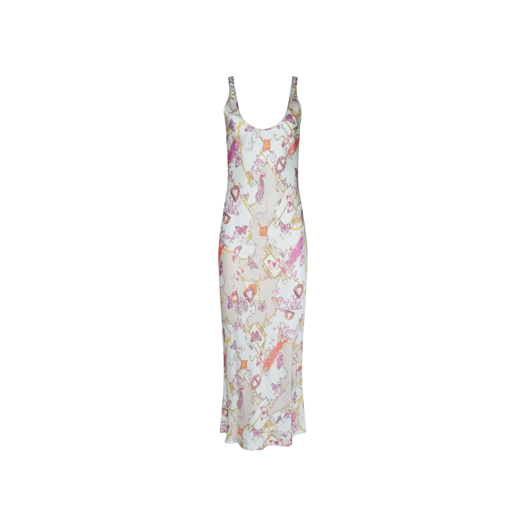 Showcased against a plain white backdrop, the Akiya Satin Maxi Dress features a sleeveless, scoop-neck bias-cut silhouette adorned with pastel floral and abstract prints on a white background. Effortlessly versatile, this stylish dress transitions seamlessly from casual daytime outings to elegant evening events.