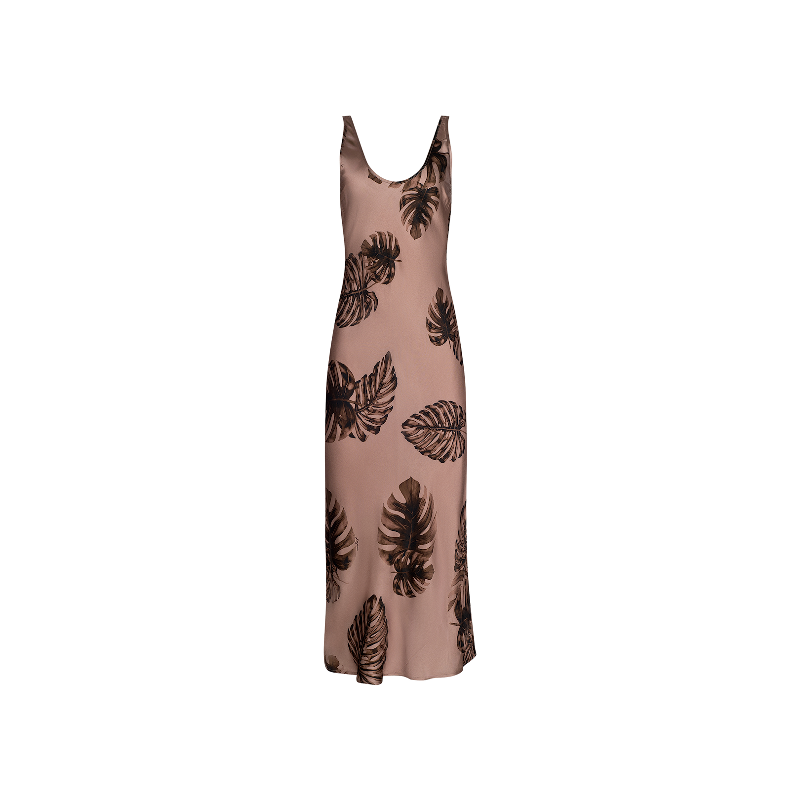Introducing the Akiya Satin Maxi Dress, a sleeveless maxi slip dress crafted from light brown satin and adorned with an eye-catching brown palm leaf print. Featuring a scoop neckline and a straight silhouette, this bias-cut dress offers both comfort and elegance, effortlessly transitioning from day to night.