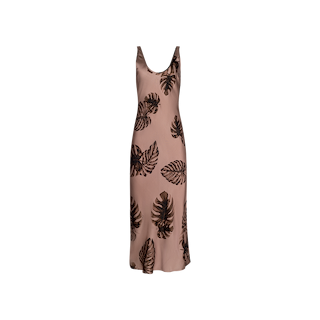 Introducing the Akiya Satin Maxi Dress, a sleeveless maxi slip dress crafted from light brown satin and adorned with an eye-catching brown palm leaf print. Featuring a scoop neckline and a straight silhouette, this bias-cut dress offers both comfort and elegance, effortlessly transitioning from day to night.