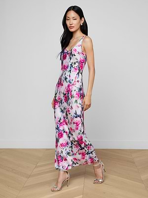 L'AGENCE Akiya Satin Maxi Dress In Pink Multi Water Rose L'AGENCE Akiya Satin Maxi Dress In Pink Multi Water Rose