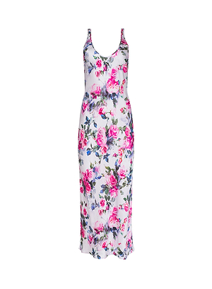 The Akiya Satin Maxi Dress is sleeveless, ankle-length, and bias-cut with a fitted silhouette, featuring an elegant pink rose print on a white background.
