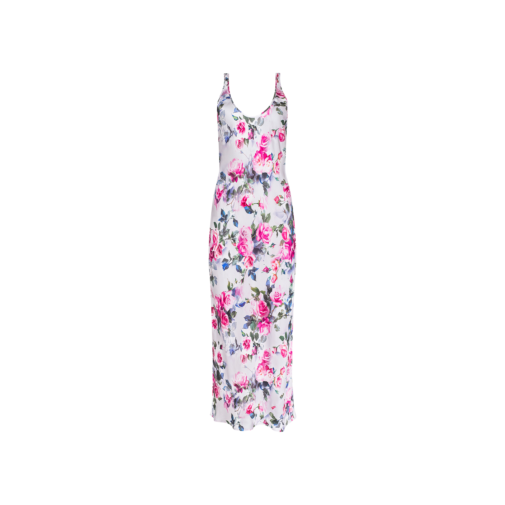 The Akiya Satin Maxi Dress is a sleeveless, white satin dress with a pink and green floral print reminiscent of pink roses. Designed with thin straps and a bias-cut for a flattering, fitted silhouette, this versatile piece is perfect from day to night and is displayed on a plain white background.