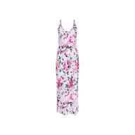 The Akiya Satin Maxi Dress is a sleeveless, white satin dress with a pink and green floral print reminiscent of pink roses. Designed with thin straps and a bias-cut for a flattering, fitted silhouette, this versatile piece is perfect from day to night and is displayed on a plain white background.