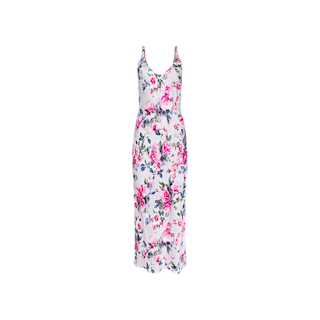 The Akiya Satin Maxi Dress is a sleeveless, white satin dress with a pink and green floral print reminiscent of pink roses. Designed with thin straps and a bias-cut for a flattering, fitted silhouette, this versatile piece is perfect from day to night and is displayed on a plain white background.