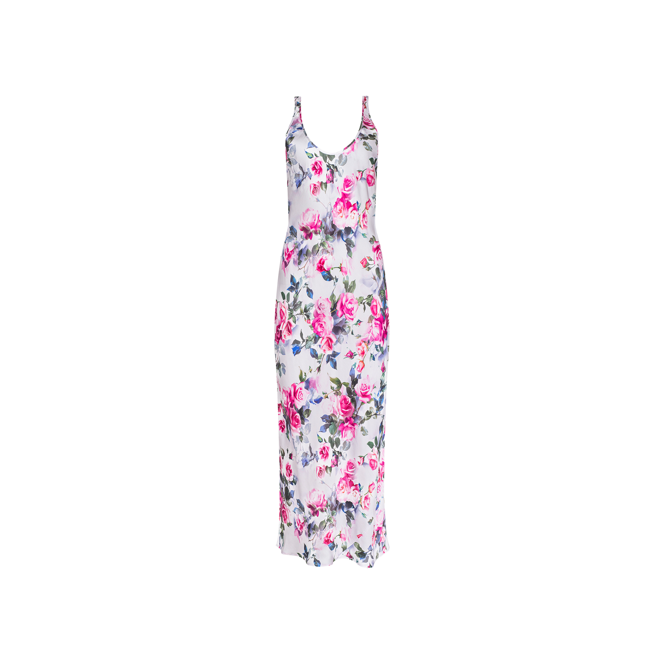 The Akiya Satin Maxi Dress is a sleeveless, white satin dress with a pink and green floral print reminiscent of pink roses. Designed with thin straps and a bias-cut for a flattering, fitted silhouette, this versatile piece is perfect from day to night and is displayed on a plain white background.