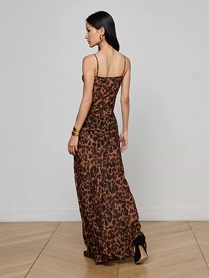L'agence Christine Silk Dress In Brown Multi Amur Leopard L'agence Christine Silk Dress In Brown Multi Amur Leopard
