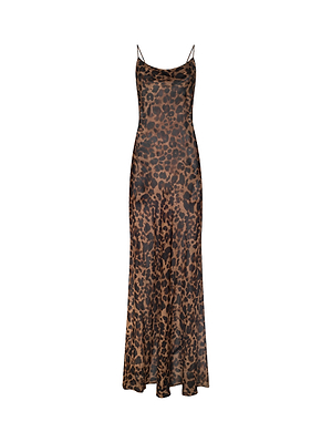 The Christine Silk Dress by L'AGENCE is a sleeveless, full-length leopard print gown with thin straps in brown and black silk—ideal as bold evening wear—shown against a white background.