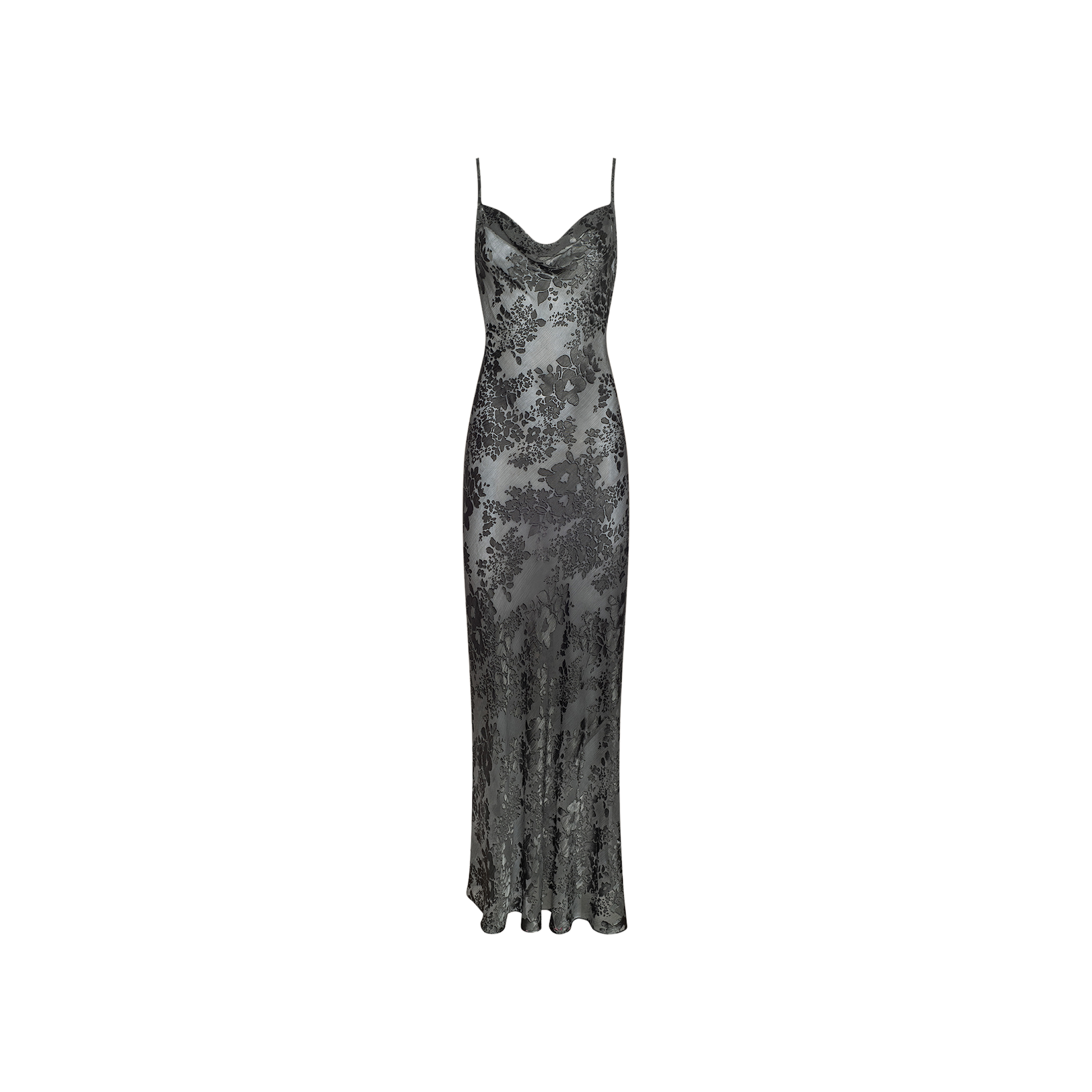 The Christine Burnout Satin Gown is a long, sleeveless silver sheer slip dress featuring a cowl neckline, thin spaghetti straps, and a black floral lace overlay. The gown is displayed on a plain white background.