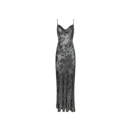 The Christine Burnout Satin Gown is a long, sleeveless sheer slip dress featuring thin spaghetti straps and a black floral lace pattern over a light gray base, displayed on a plain white background.